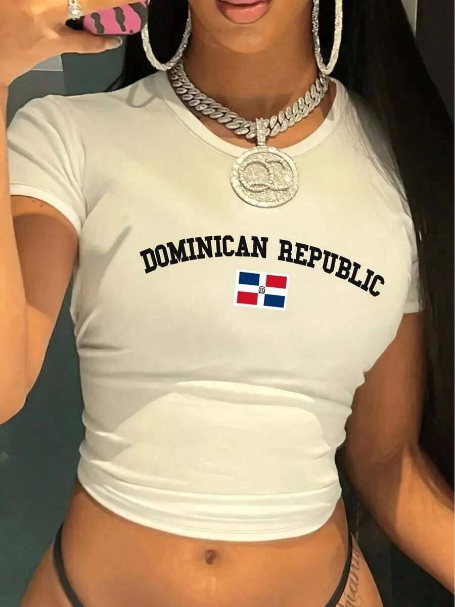 Hot Hour  New Crop Top With Round Neck And Short Sleeves Dominican Republic Letter Print Women's Casual Simple Fitted Short Crop Top - 白色 - 查看 1