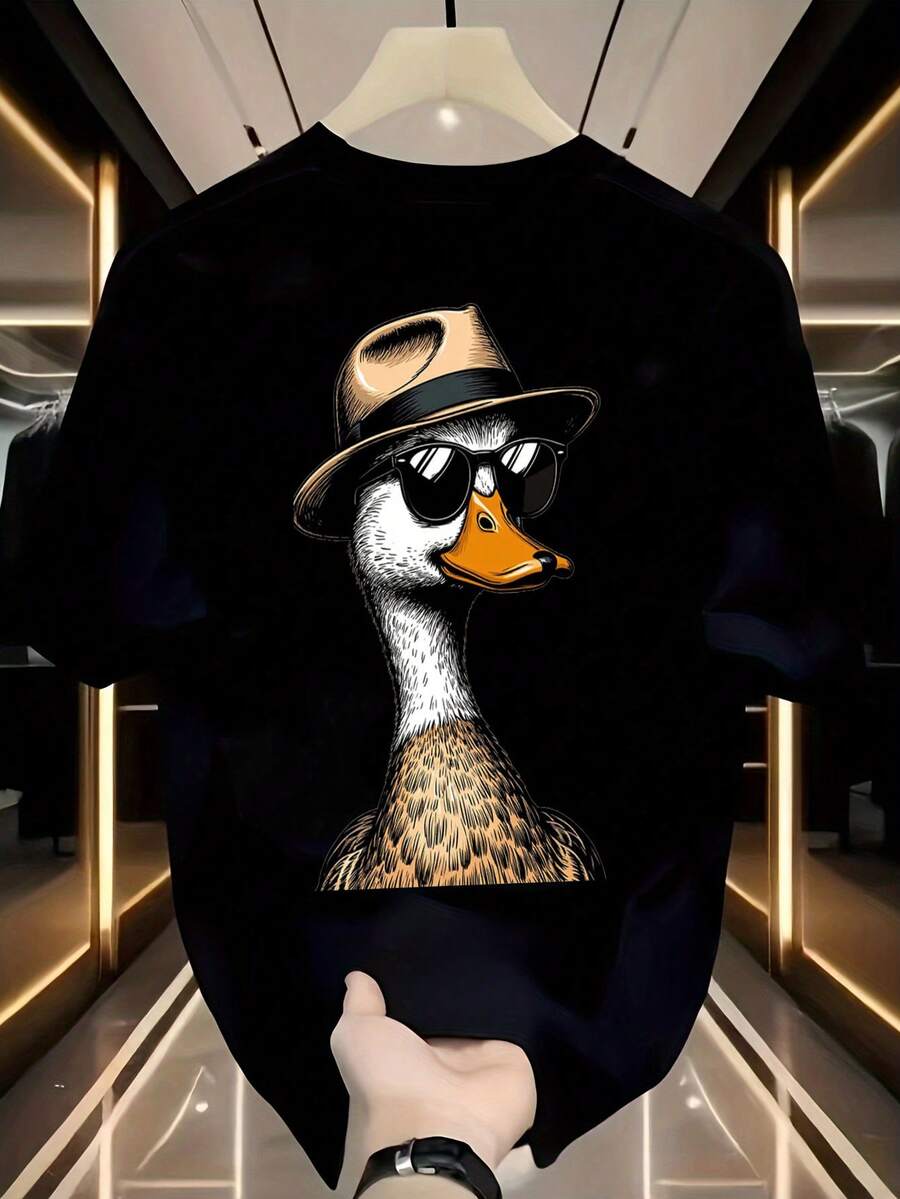 Mens Cool Duck Graphic T Shirt Sunglasses Hat Duck Cartoon Illustration Print Plus Size Short Sleeve Crewneck Casual Tee - Negro - Ver 1