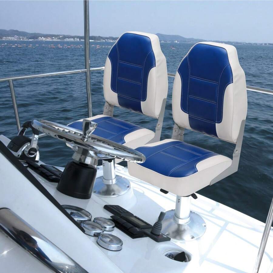Asientos plegables de barco con respaldo alto, cojín de esponja gruesa, sillas de pesca con bisagras y tornillos de acero inoxidable, para lanchas rápidas, pontones - Patchwork azul real y blanco - Ver 1