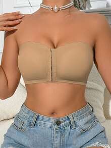 1pc Khaki Front Clasp Scoop Neck Bandeau Bra, Wide Silicone Upgraded Non-Slip (Won't Stick), Comfortable Padded Bralette, Strapless Wireless Bra For Women - Khaki - View 5