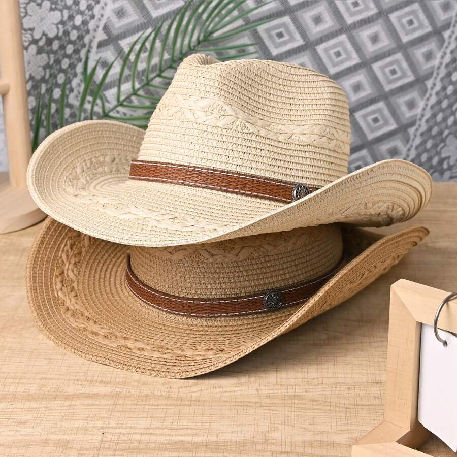1 pieza Sombrero de paja estilo vaquero clásico minimalista bohemio con hebilla de costura marrón, adecuado para hombres y mujeres, playa, fiesta en el campo, protección solar - sombrero de paja - Ver 1