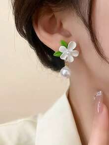 1对清新白色栀子花耳环，法式优雅仿珍珠吊坠耳环，女士款 - 白色 - 查看 6