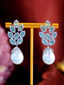 一对蓝色马眼形叶形立方氧化锆长款珍珠吊坠耳环，优雅的镀银立方氧化锆首饰，适合婚礼、订婚、派对、舞会、新娘、伴娘、女友、妻子、母亲等场合佩戴。 - 藍色 - 查看 11