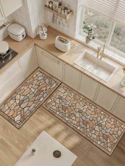 1pc Silica Gel Kitchen Floor Mat, Asymmetrical Shallow Brown, Beige, Dark Brown Warm-Toned Stone Mosaic Pattern, Natural Patchwork Texture, Vintage Rustic Style, Suitable For Kitchen, Bathroom, Entryway, Laundry Room, Bedroom, Living Room Decor