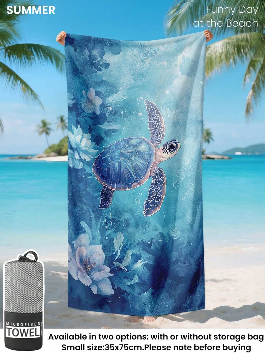1条印花沙滩巾/泳巾，蓝色海龟图案浴巾，时尚沙滩巾，超强吸水，适用于浴室、游泳、健身、瑜伽等场合。柔软舒适的超细纤维材质，轻便易携，防风、防晒、防沙，适合夏季旅行度假及浴室装饰。建议常规尺寸和加大尺寸（小号35*75厘米，建议150厘米及以上）。