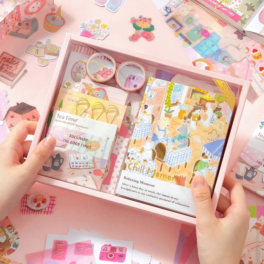 Ins Style High-Quality Stationery Gift Set Including Notebook, Stickers, Memo Pads, Grid Diary, Suitable For Gift