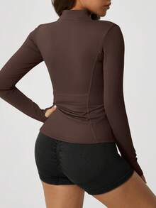 1pc Women's Fishbone Line Black Sports Jacket, Elastic Fitted Yoga Coat - Coffee Brown - View 2