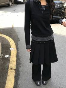 甜美时尚金属扣褶裥长裤 - 黑色 - 查看 4