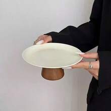 1pc Wooden Pedestal White Stainless Steel Plate, Suitable For Dining Table, Restaurant, Kitchen, Party, Birthday - Wooden Stand, White Stainless Steel Tray - View 5