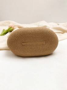 1pc Girl's Straw Bucket Bag, Zipper Closure, Fashion Beach Shoulder Bag, Suitable For Daily Use - Off-white Wavy Khaki - View 8