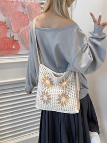 1pc Summer New Women Woven Crossbody Bag, Large Capacity Crochet Bag, Versatile Beach Shoulder Bag, Fashionable Vacation Beach Tote - Khaki - View 5