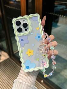 花卉图案彩绘编织波浪边可拆卸手链简约防震加厚手机保护壳，印花设计，兼容 17/17 Pro/17 Pro Max、16 XR/7/8、15 Pro Max、12 Pro Max、13 Pro Max、14 Pro Max、13、14、11、12、P14、P11、P12、XS、XR、7/8、P、7/8 GES2 手机壳 - 彩色 - 查看 4