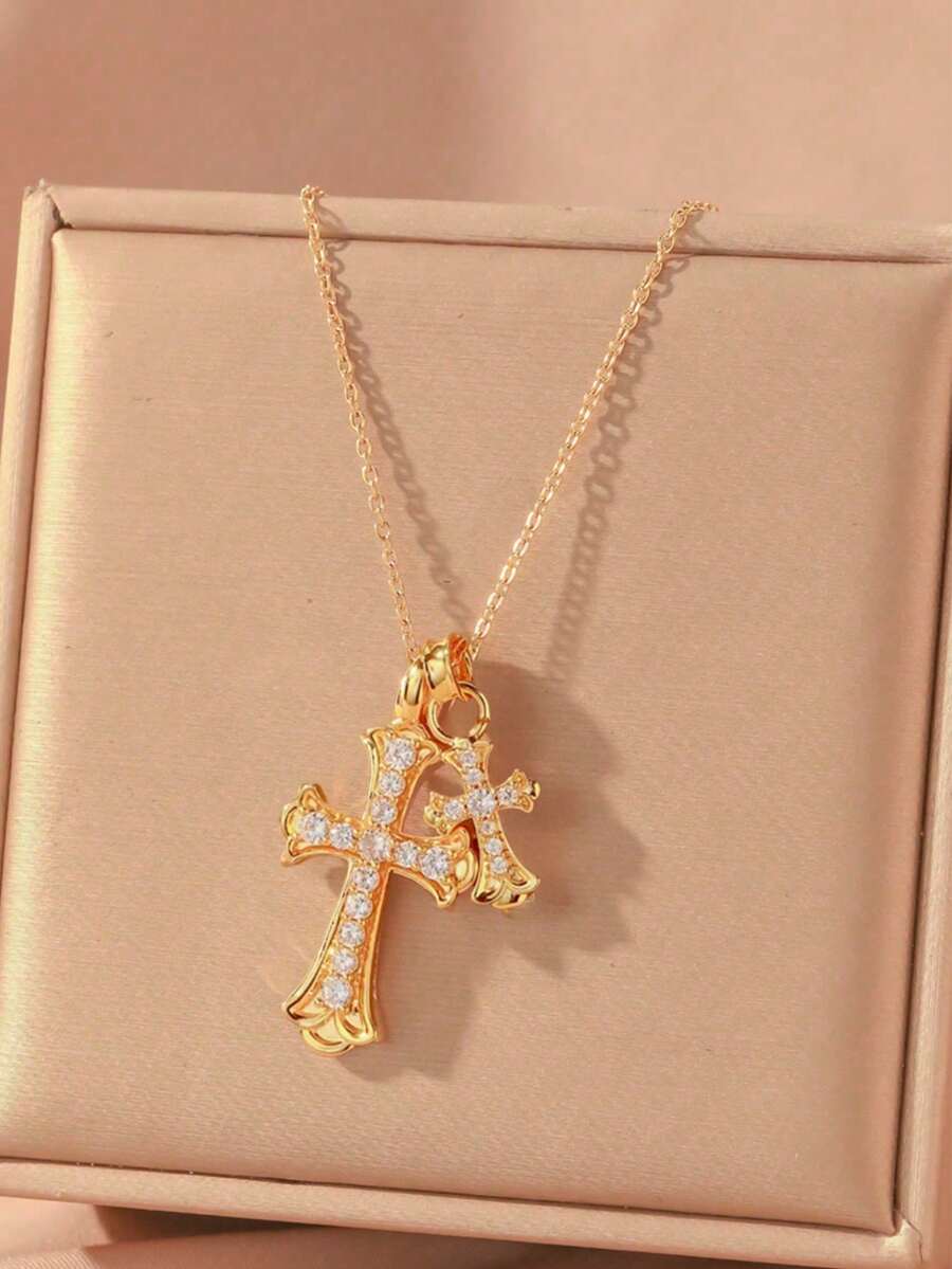 Luxury Sparkling Full Diamond Double Cross Copper Pendant, Stainless Steel Chain, Suitable For Daily Wear, Parties, Valentine's Day And Christmas. Copper Zirconia 18K Gold Cross Pendant Necklace, Ideal Gift For Mother/Partner/Best Friend/Friend, Suitable For Daily And Holiday Wear, And Praying. - Gold - View 1