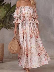 女士波西米亚风印花中袖连衣裙，女士波西米亚风荷叶边短袖宽松圆领长荷叶边袖印花休闲日常连衣裙，适合度假和春季穿着 - 白色 - 查看 2