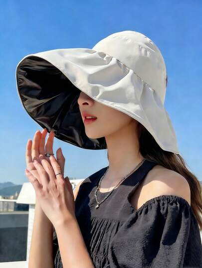 1pc Women's Fashionable Black Rubber Bucket Hat, Outdoor Beach Sun Protection Hat, Summer Beach Vacation Sun Shading, Foldable Wide Brim Sun Hat, Suitable For Daily Matching