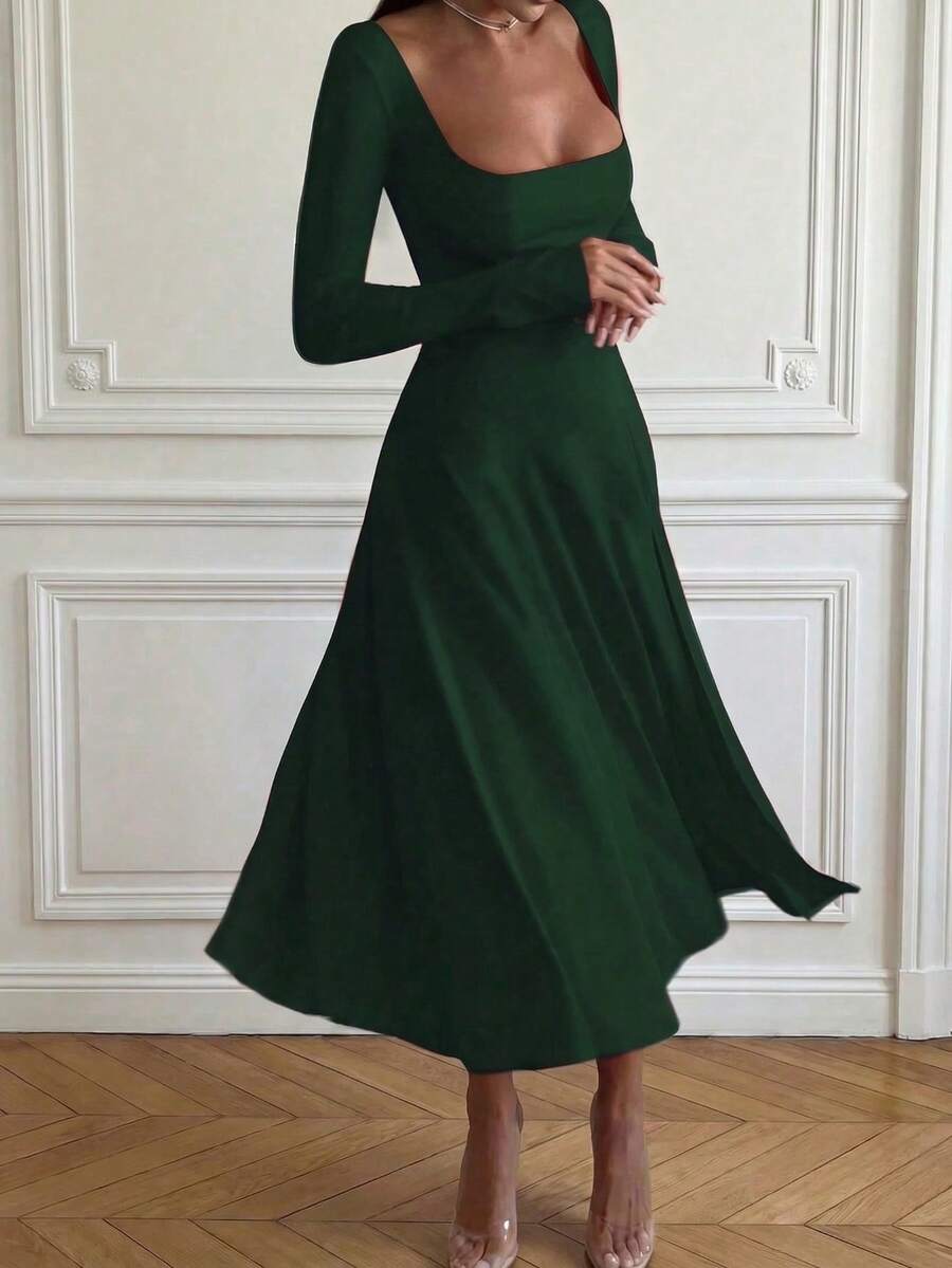 Elegant Waist-Cinching Sleeveless High-Quality Fitted Mid-Length Dress, Elegant Camisole Square Neck Solid Color A-Line Waist Maxi Dress For Women Spring - Green - View 1