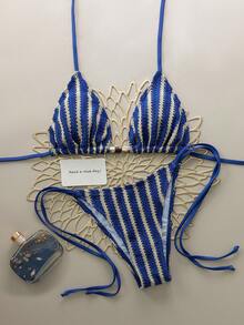 女士性感V领条纹比基尼套装，珍珠系带设计，侧系带泳裤，适合海滩度假 - 彩色 - 查看 1