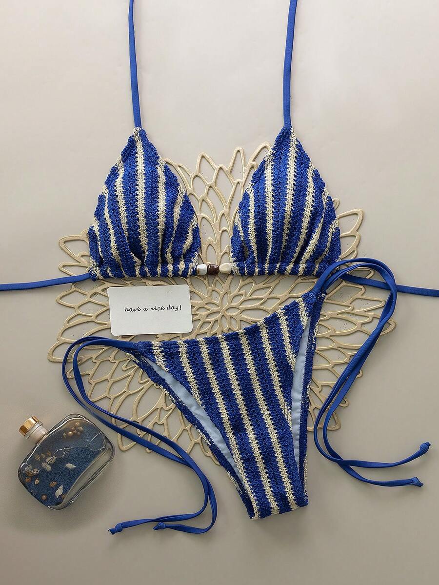 女士性感V领条纹比基尼套装，珍珠系带设计，侧系带泳裤，适合海滩度假 - 彩色 - 查看 1