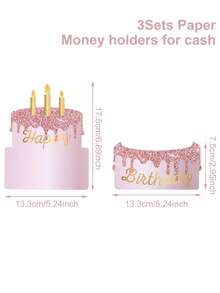 3个粉色和金色生日蛋糕造型信封钱夹，生日派对用品，礼品袋，贺卡，现金信封，礼品包装，红包，现金派对回礼，礼品标签，婴儿派对装饰，生日装饰，派对填充物 - 粉金生日 - 查看 9