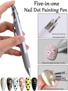1 Stück 5-in-1 Nail Art Punktierstift, druckempfindliches Punktierwerkzeug für Farbverläufe, Streifen, Punkten, Glitternagel-Kunst, multifunktionales DIY Nail Art Werkzeug geeignet für Anfänger und Profis - Silber - Übersicht 3