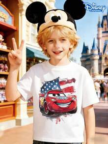 Disney Cars Lightning McQueen 1776 Independence Day Kids T-Shirt, Double-Sided Patriotic Character Graphic, Casual Crew Neck Short Sleeve Tee, Unisex Boys Girls Fashion Top, Ideal For Disney Fans & Holiday Wear - Blanc - Voir 2
