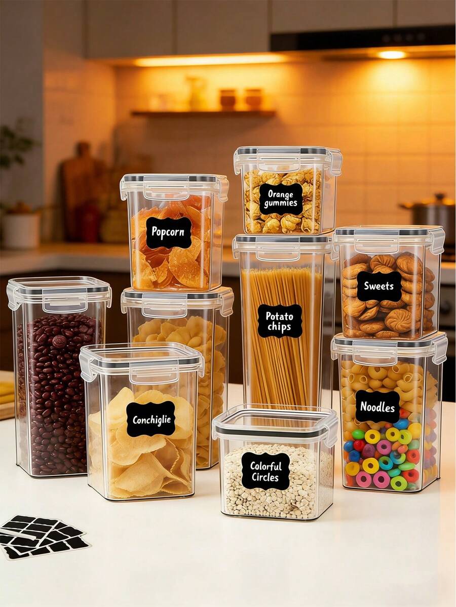 12/15pcs Sealed Food Storage Containers With LIDS, Plastic Kitchen Pantry, Dry Cargo Jars Of Lactose, Grain, Flour, Sugar, Labeled, Labeled, Dishwasher , Household Kitchen Items, Food Storage Jars And Condiment Jars,Vanity,Gifts,Gifts For Women - 黑與白 - 查看 1