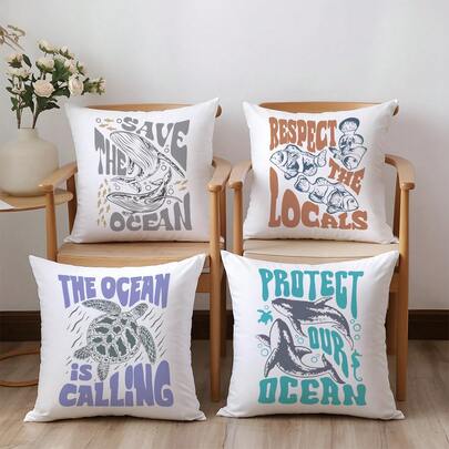 4 件套复古海洋生物及文字图案抱枕套，单面柔软桃皮绒面料，45*45 厘米，适用于家居卧室客厅派对节日装饰，沙发装饰抱枕套，不含枕芯