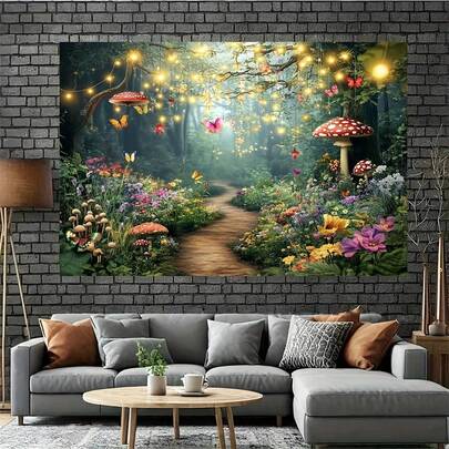 2D-platt, polyestermaterial, 1 st. 2D-platt bakgrundsduk, som visar landskapet med hängande lampor på skogsstigen, omgivet av drömska svamphus och färgglada fjärilar, en romantisk bakgrundsbanderoll med lyktstigslandskap. Lämplig för fotografering.