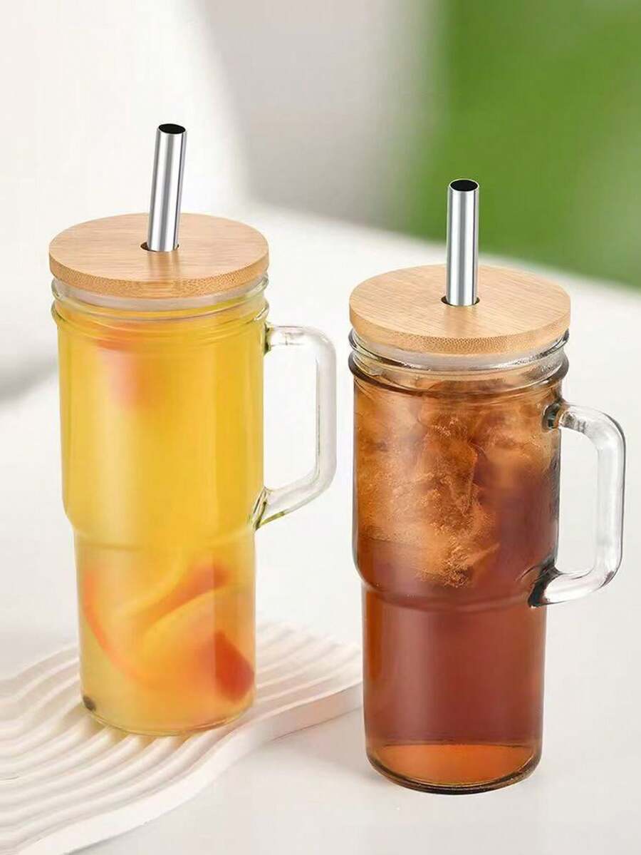 1个竹纹杯套装，含杯刷、不锈钢吸管和高品质玻璃饮料杯 - 彩色 - 查看 1