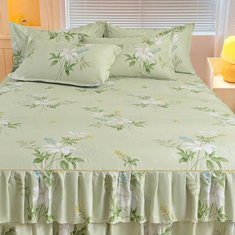 Thơ mộng & Tươi mát - Váy phủ giường xếp ly họa tiết hoa màu xanh lá cây, mềm mại và thoáng khí. Có thể giặt máy, phù hợp với nhiều kích cỡ giường, thích hợp cho mọi mùa. - Màu xanh nhạt - Xem 3