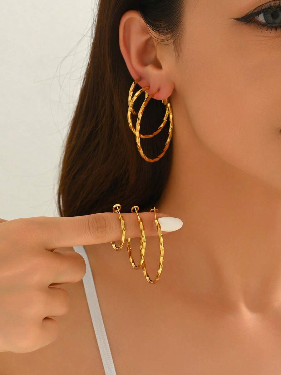 1 Set Minimalist Stainless Steel Twisted Hoop Earrings, Suitable For Daily Wear - Multicolor - View 1