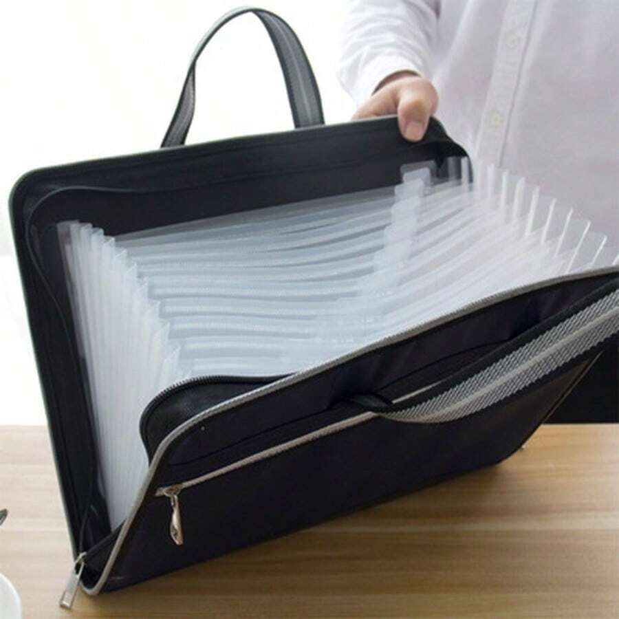 Office Canvas&Leather Folder 12 Layers Expanding Wallet Document Organizer File Folde A4 36x28cm Large Capacity Bag - Black - View 1
