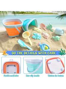 11pcs Kids Beach Toy Set - Foldable Bucket (Green/Orange) With Shovel, Star/Animal Shaped Molds (Turtle/Crab), Sieve And Rake, Random Accessory Colors, Sand And Water Play Tools, Outdoor Travel, Early Learning Beach Toys, Suitable For Girls Boys Birthday/Holiday/Summer/Beach Holiday Gift - Multicolor - View 7