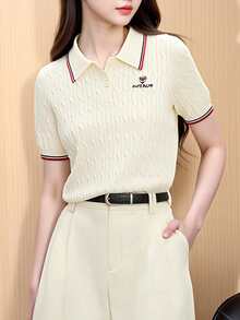 Alicedudu 女士夏季休闲简约撞色饰边刺绣短袖针织Polo衫 - 米色 - 查看 5