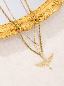 2pcs/Set New Fashion Cross Wing Pendant & 26 Letter Pendant Necklace, Stainless Steel Chain Suitable For Women's Daily, Party, Vacation Wear - Yellow Gold - View 6