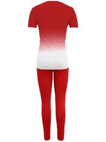 女士渐变爱心印花短袖上衣和打底裤休闲日常套装，春夏款 - 紅色 - 查看 3