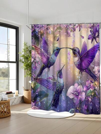 1/4pcs Purple Kingfisher Pattern Waterproof Shower Curtain Set, Thick Polyester Anti-Mold Bathroom Curtain With 12pcs Hooks, Non-Slip Mat, U-Shaped Mat And Round Toilet Lid Cover