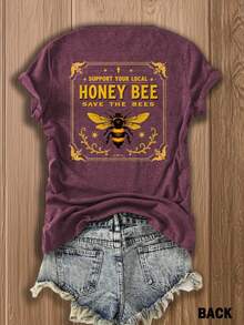 Women's Double-Sided Print T-Shirt, Support Local Bees Tee, Vibrant Bee Design, Soft Breathable Cotton Blend, -Friendly Casual Top For Nature Lovers, Outdoor & Vacation - 酒紅色 - 查看 3
