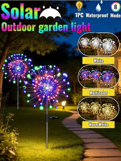 1个户外太阳能花园装饰灯 - 60/150/240/360颗LED太阳能烟花灯，8种闪烁模式，营造梦幻般的灯光氛围，IP65防水，节日景观灯，适用于庭院、小径、花坛、草坪、聚会、婚礼、别墅、房车、露营、节日装饰，色彩绚丽，易于安装