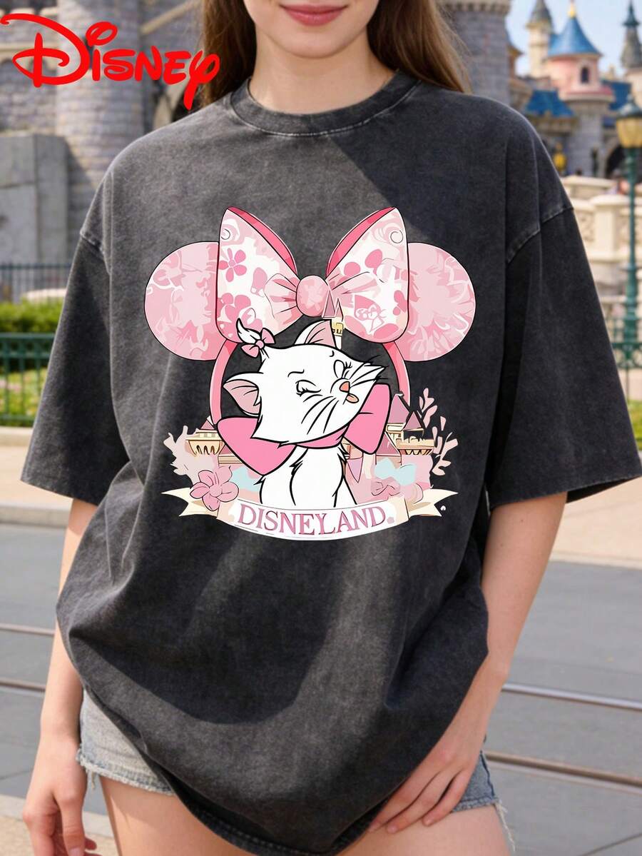 Disney Mary Print Pattern, Summer Washed Short Sleeved Solid Color Small Round Neck Retro Versatile Outfit - Black - View 1