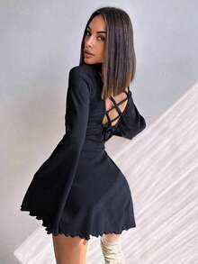 Fashionable Sexy Petite Round Neck Solid Color Flare Sleeve Hollow Tie A-Line Short Dress Spring - Black - View 5