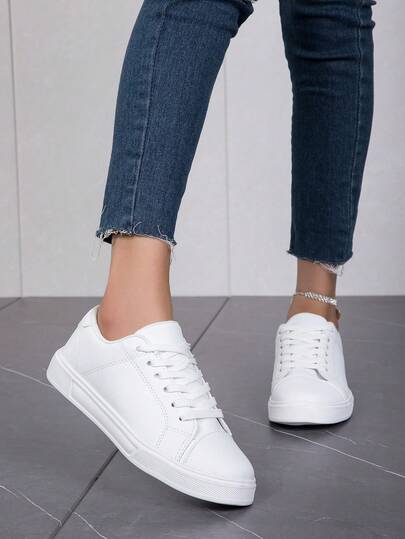 Women's White Lace-Up Skate Shoes, Casual Style Sports Sneakers