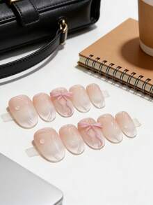 10片装3D蝴蝶结假指甲，手工制作，可佩戴，日式裸粉色渐变美甲，可移除短指甲贴纸 - 彩色 - 查看 4