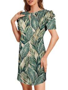 Leafy Pattern Design With Green And Gold Leaves Summer Dresses For Women Casual Petal Sleeve Swing Vacation Dress - Nhiều màu - Xem 2