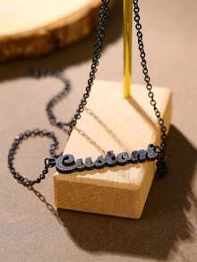 Custom Shiny Frosted Name Necklace Women Personalized Charm Classic Letter Clavicle Necklace Stainless Steel Gold Cursive Name Handmade Pendant Nameplate Jewelry Christmas New Year Gift - Black - View 3