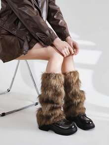 1双毛绒链条复古性感腿套，Y2K仿毛皮腿套，棕色，学院风，秋冬款 - 棕色 - 查看 11