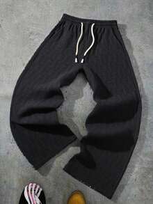 1 件男士宽松阔腿纯色休闲裤，适合所有季节的日常穿着 - 黑色 - 查看 1