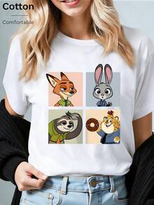 Disney Loose Fit Zootopia Four Panel Cartoon Printed T-Shirt Featuring Nick, Judy, Lightning, And Leopard  Officers, Suitable For Summer And Spring, Short Sleeved Tops, Women's Clothing, Holiday Gift Party Costumes. - White - View 1