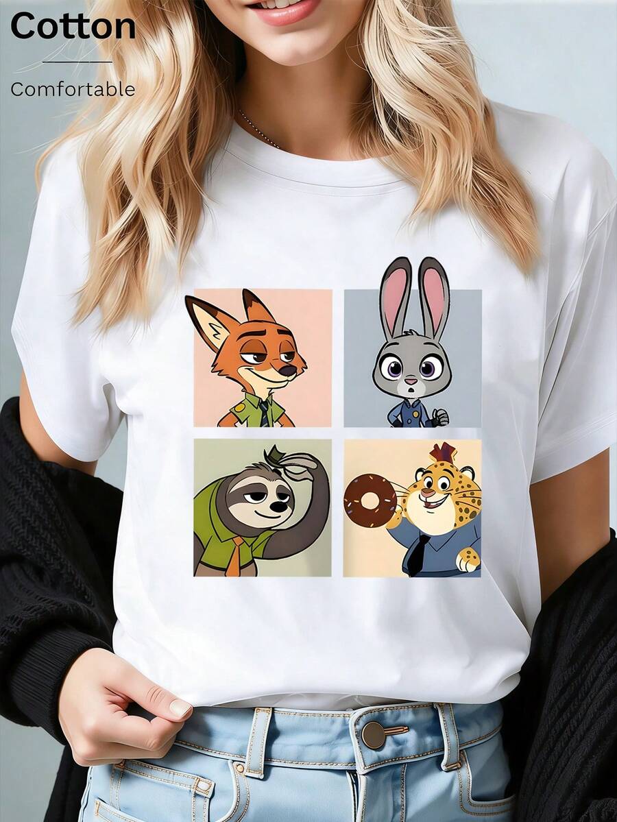 Disney Loose Fit Zootopia Four Panel Cartoon Printed T-Shirt Featuring Nick, Judy, Lightning, And Leopard Officers, Suitable For Summer And Spring, Short Sleeved Tops, Women's Clothing, Holiday Gift Party Costumes. - White - View 1