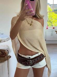 EAVA Women's Asymmetrical Cover Up Shawl, Loose Knit Cover Up, Suitable For Women's Summer Outfit, Beach Wear, Holiday, Casual Top - Apricot - View 3